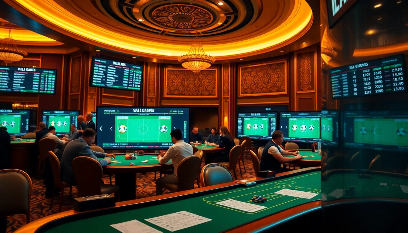 Betting on tỷ lệ cá cược bóng đá with gamblers around casino tables, showcasing excitement.