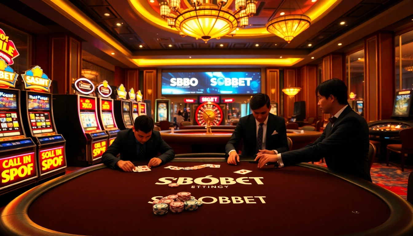 SBOBET poker table showcasing high-stakes gameplay with professional players and vibrant casino ambiance.