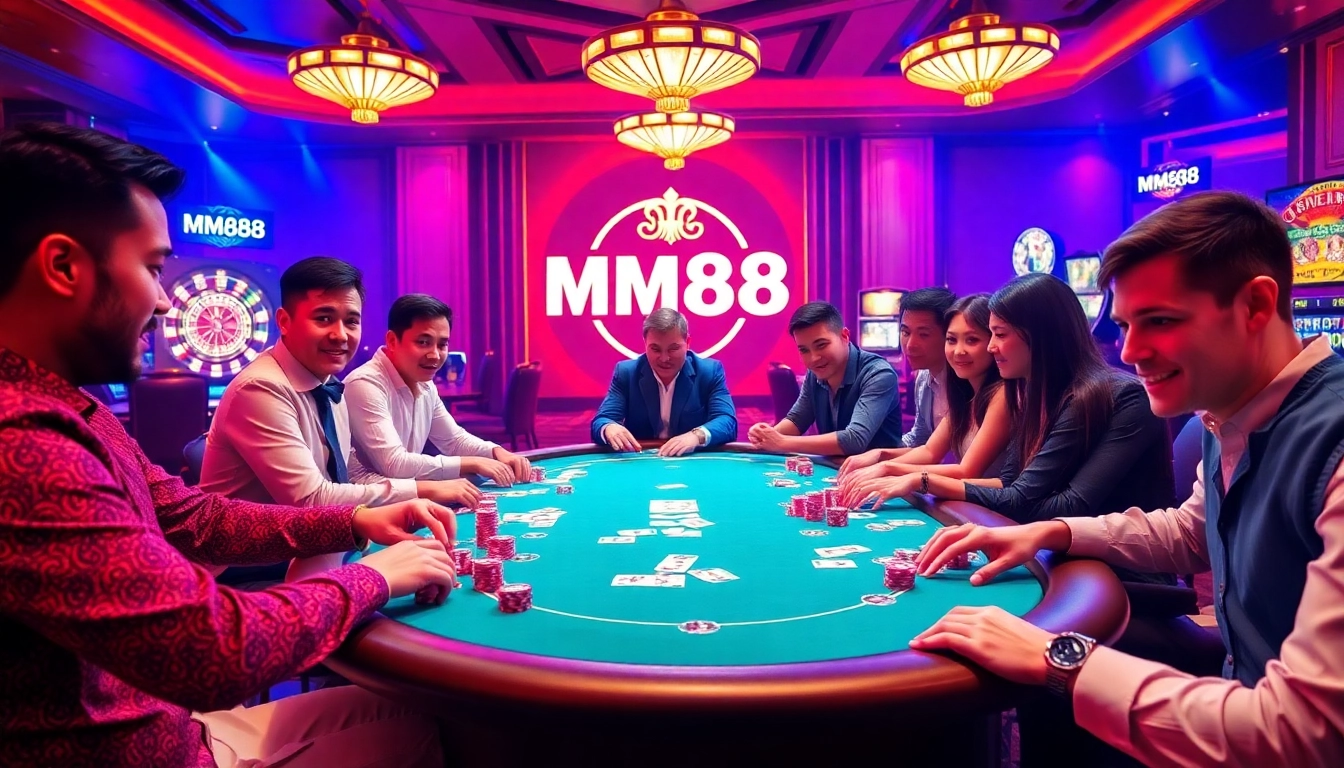 Players enjoying a high-stakes poker game at MM88, surrounded by vibrant casino elements.