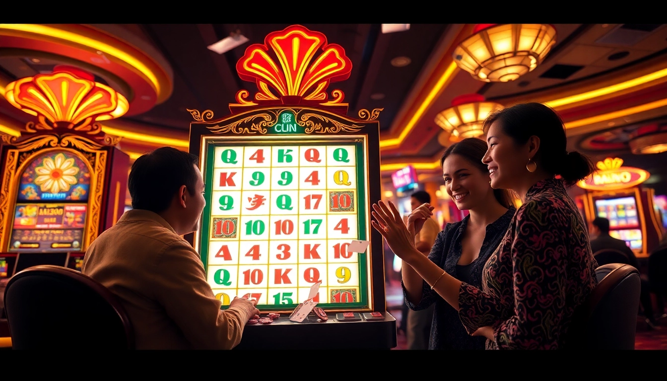 Pemain menikmati mesin slot Mahjong di kasino yang berwarna-warni, merasakan kemenangan besar.