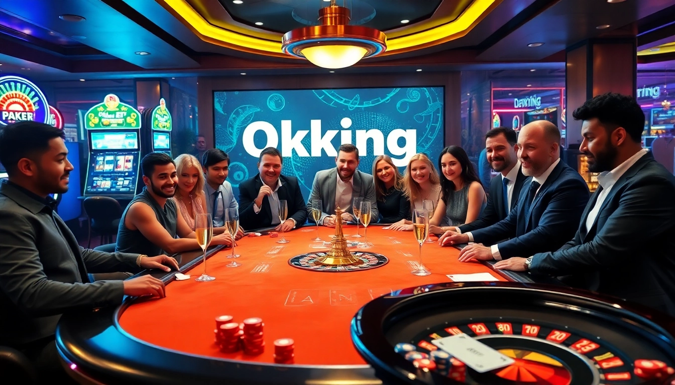 Engaging gamblers at an upscale poker table in a casino, showcasing Okking excitement and strategy.