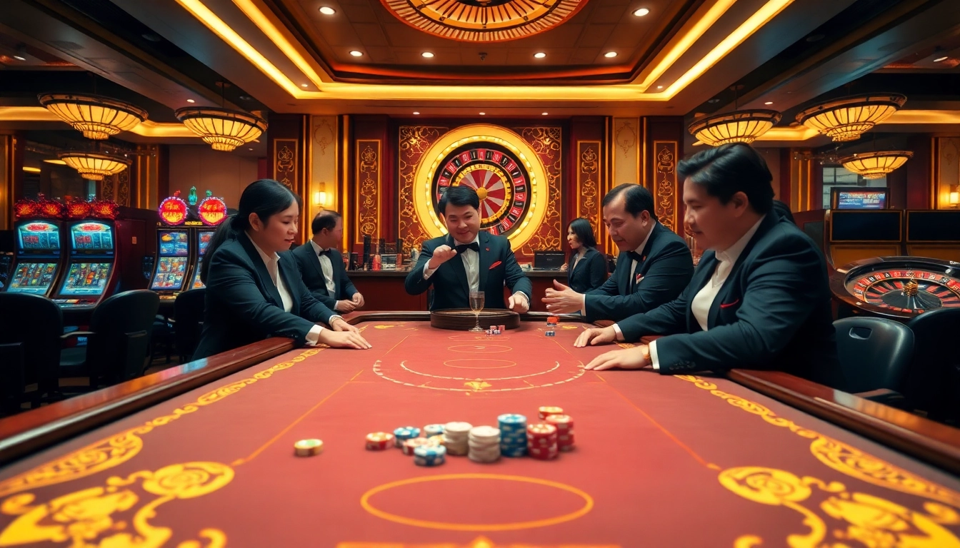 Excited players engage in a go88 tài xỉu game, showcasing vibrant chips and dice.