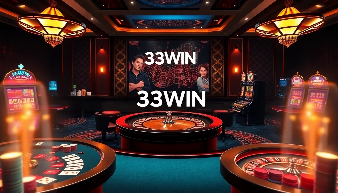 High-stakes gaming at 33WIN trang chủ with vibrant poker chips and a roulette wheel.