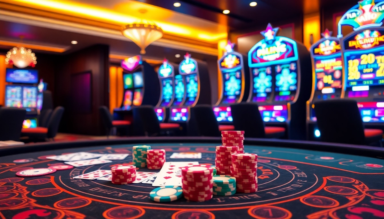 Action-packed gambling scene showcasing เว็บตรง bk8 with vibrant casino tables and slot machines.