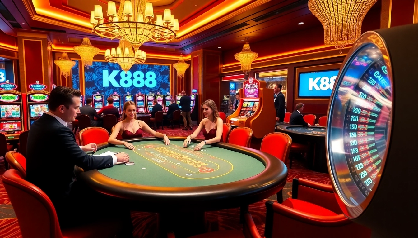 K88 casino players enjoy an exciting blackjack game surrounded by vibrant slots and a stylish dealer.