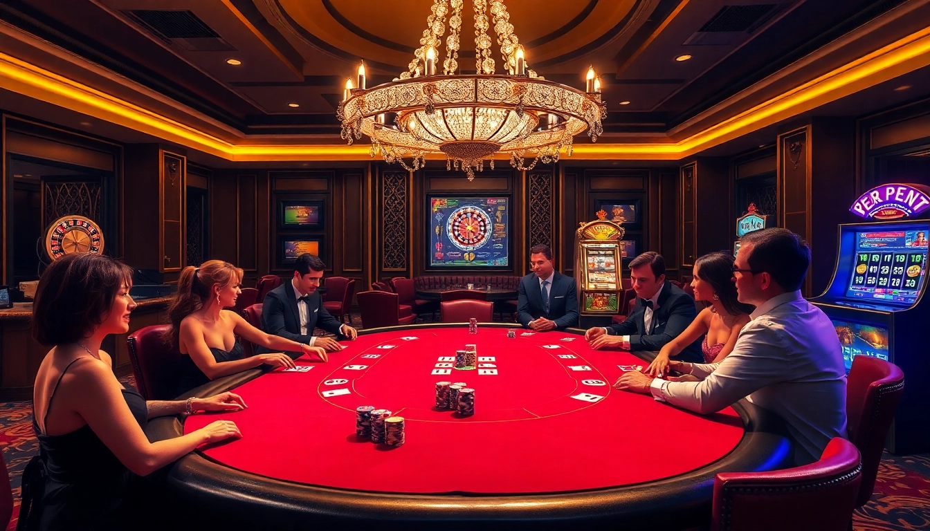 Players enjoying an exciting game of poker at a luxurious casino scene with nk88 bet elements.