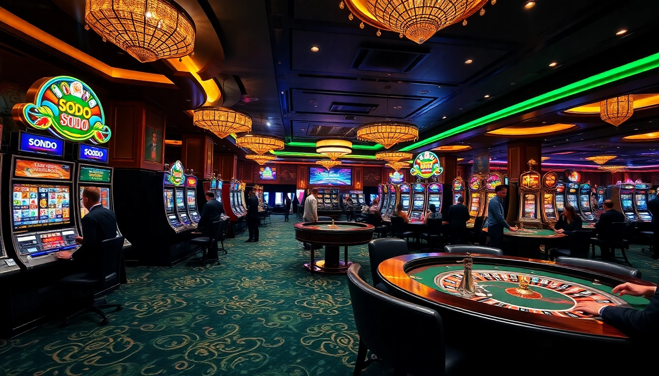 Experience the excitement of SODO Casino with players enjoying vibrant gaming tables and slot machines.