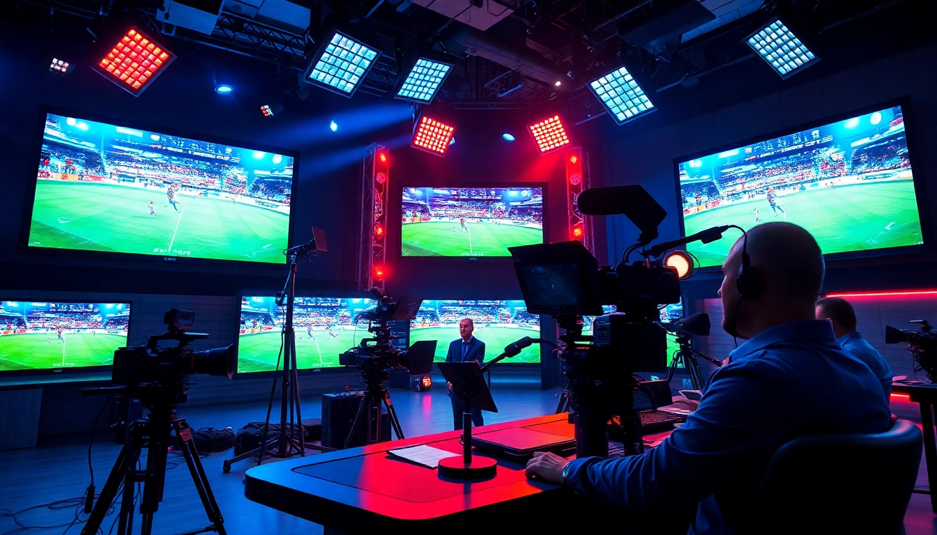 Engaged communication in sports broadcasting with dynamic studio setup and vibrant atmosphere.