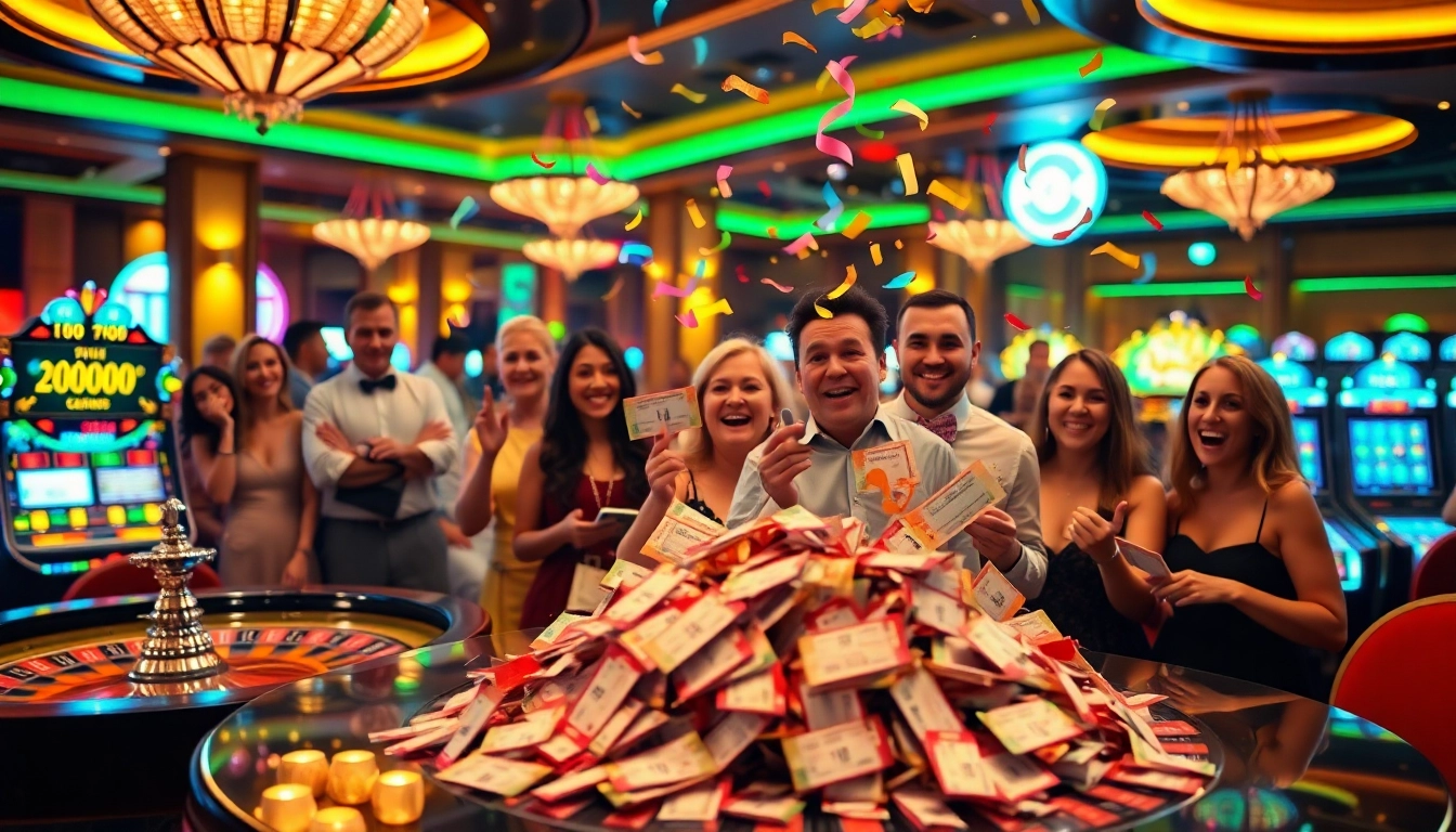 The explosion of a prize-winning lottery celebration in a vibrant casino atmosphere filled with joy and excitement.