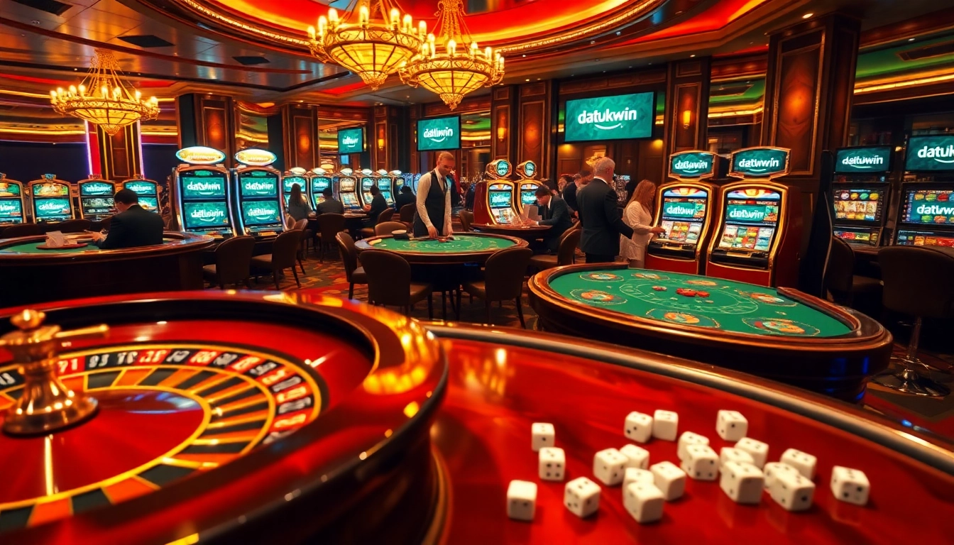 Rasakan sensasi datukwin di meja kasino taruhan tinggi yang dikelilingi mesin slot berwarna-warni dan chip poker.