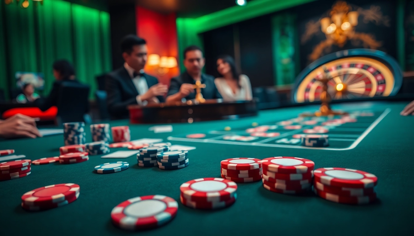 Gamblers enjoying high-stakes excitement at https://go88app.cn.com/ casino with luxury poker chips and cards.