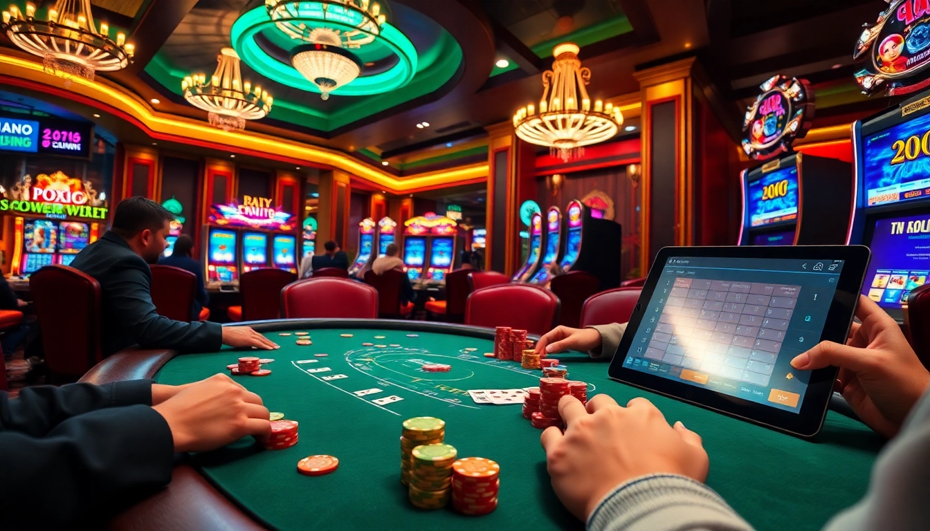 Raja Luck casino scene with vibrant poker table, chips, and illuminated slots.