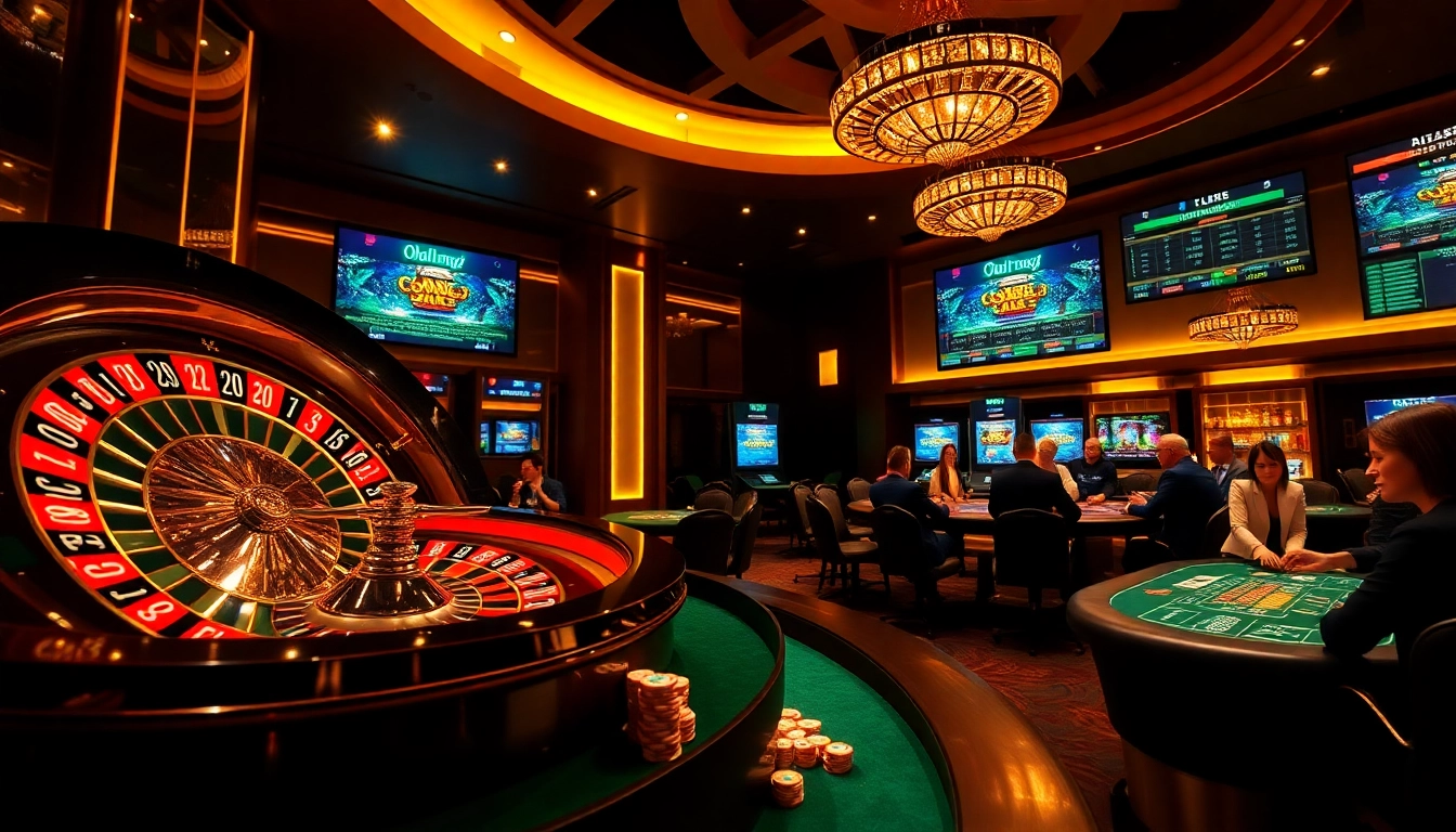Exciting gambling atmosphere at https://kkwinzz.com/ featuring vibrant gaming tables and roulette wheel.