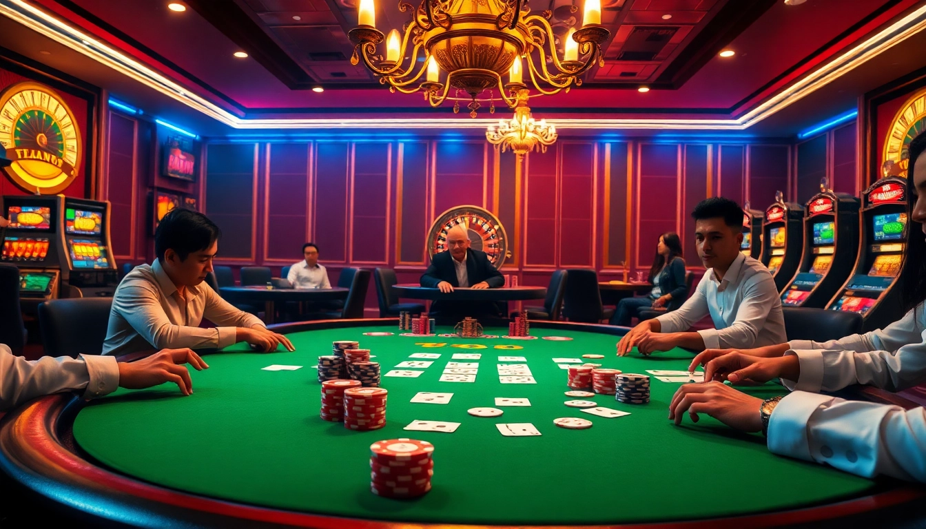 The tg88 platform features an exciting gathering of players at a vibrant casino table, emphasizing thrilling gambling action.