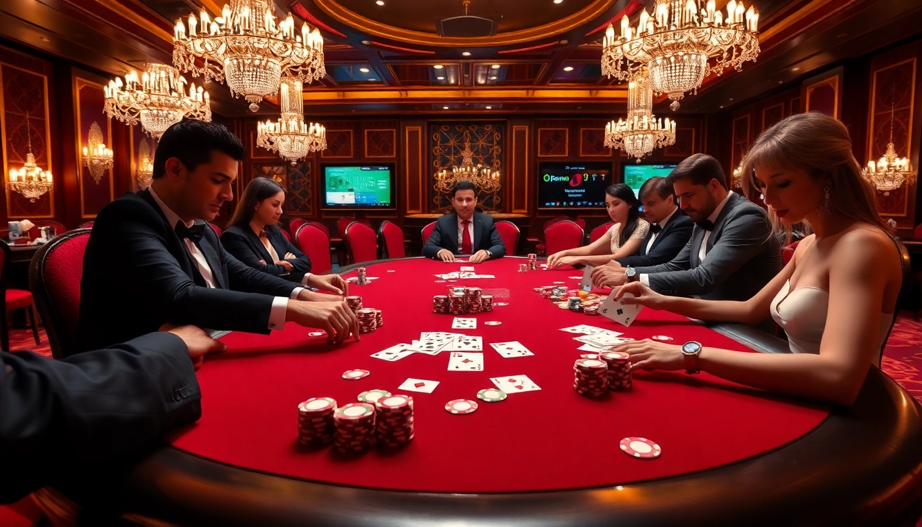 High-stakes poker action featuring open88.com with colorful chips and elegant players.