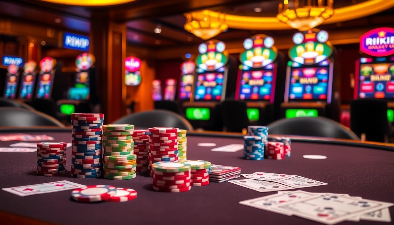 Play your favorite games at Rikvip's exciting casino with vibrant poker chips and cards.