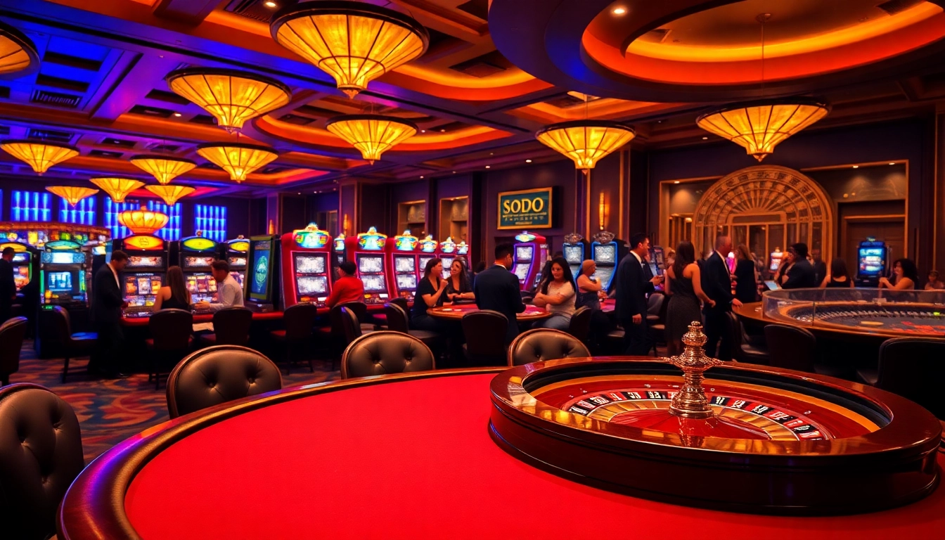 Excited gamblers playing at SODO CASINO's poker table amidst vibrant slot machines.