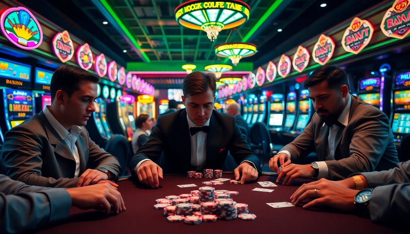 Engage in the thrilling atmosphere of gambling at https://hbbet5.art/, where poker players strategize at a high-stakes table adorned with vibrant chips and cards.