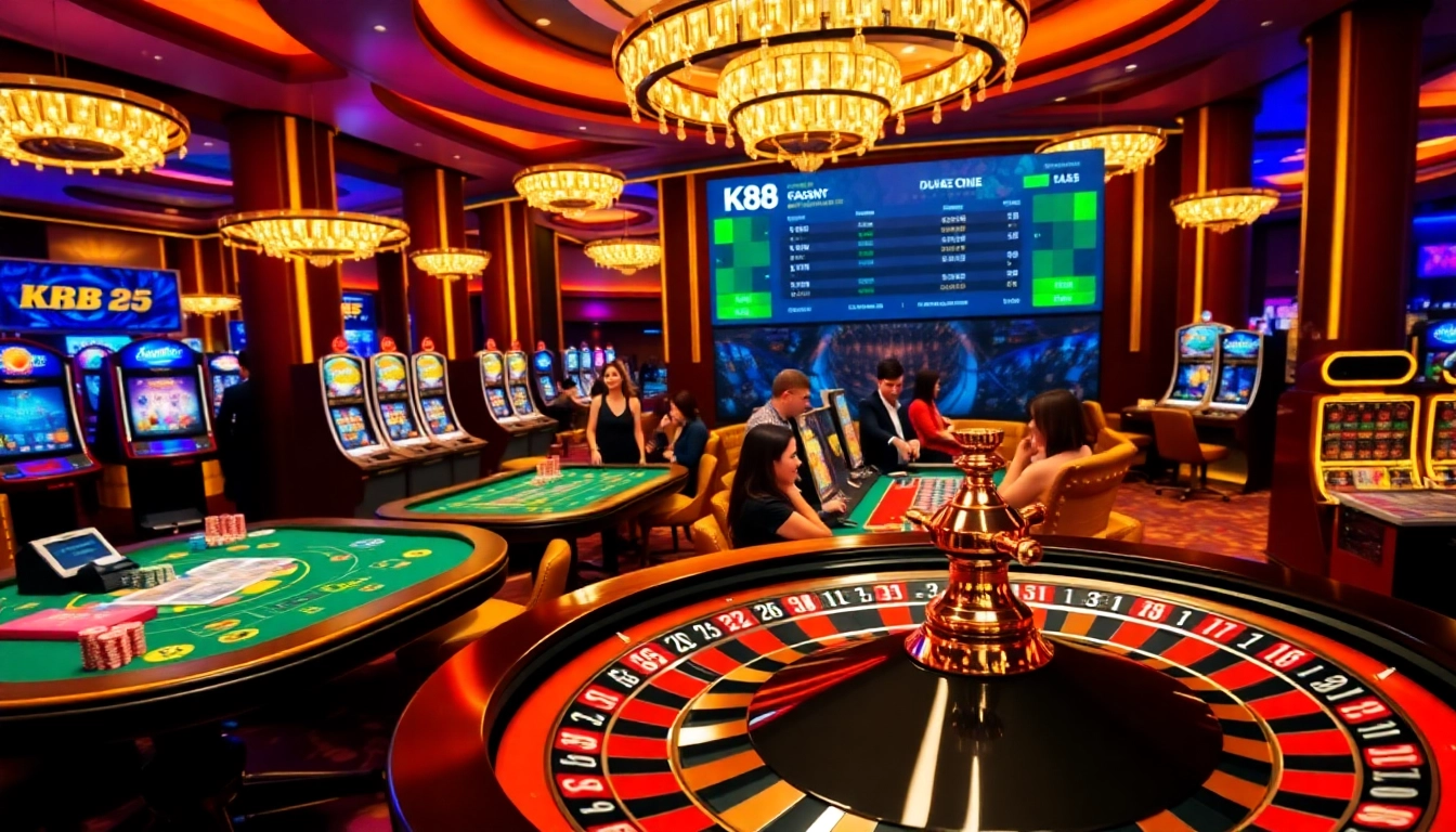 K88 players experiencing excitement at a vibrant online casino with tables and slot machines.