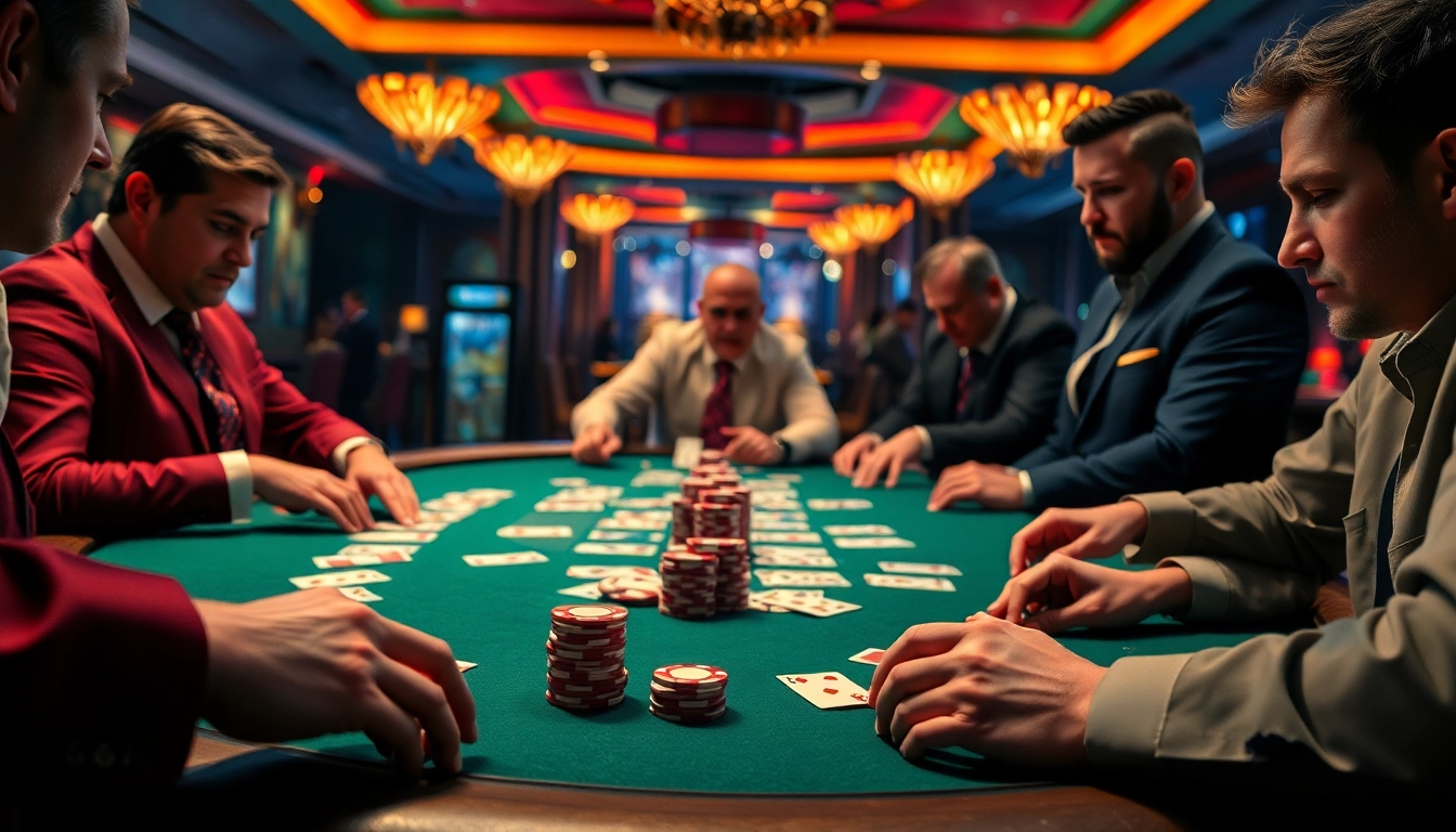 優塔牌桌上玩家專注於手中的遊戲, 燦爛的賭場氛圍.