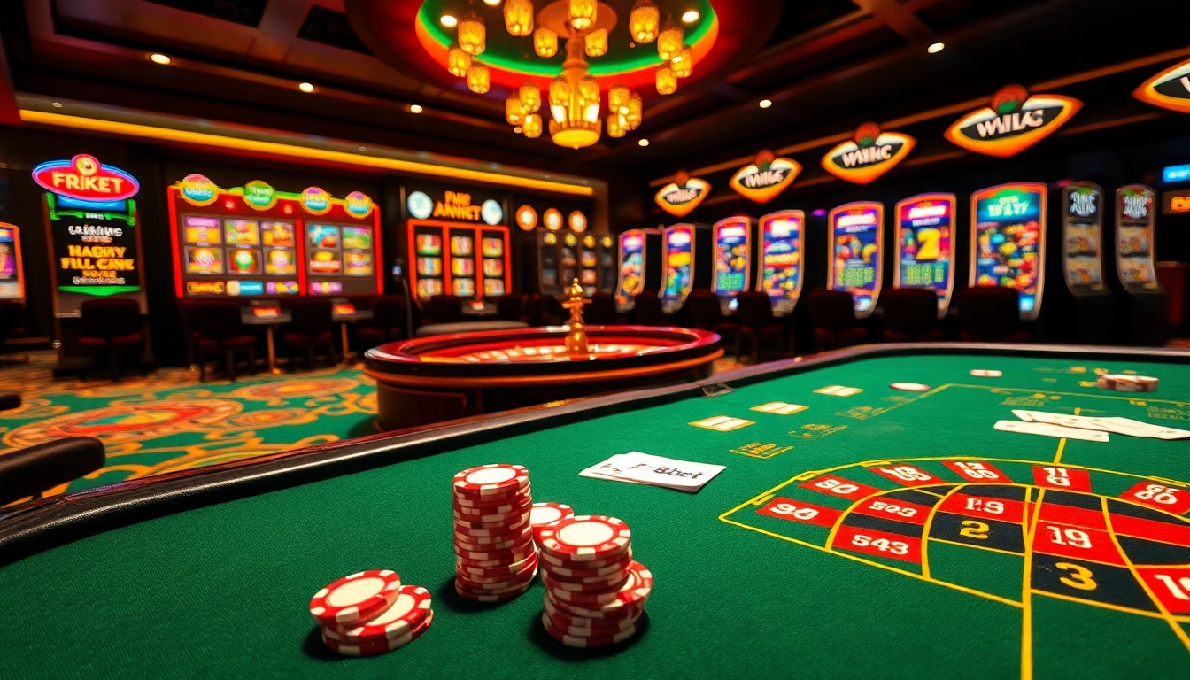 Experience F8bet gaming excitement with luxury poker tables, vibrant slot machines, and roulette.