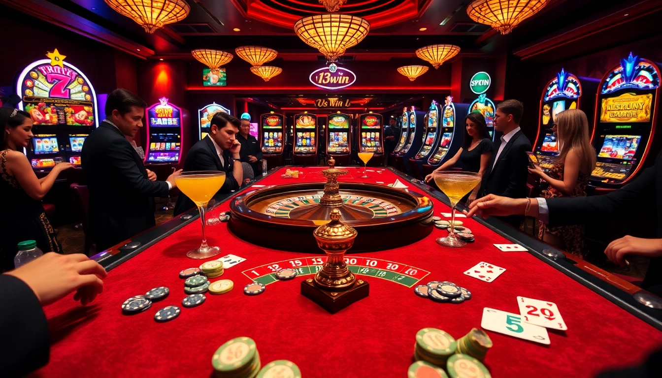 Experience the thrill of 13win as players engage at an elegant casino roulette table.