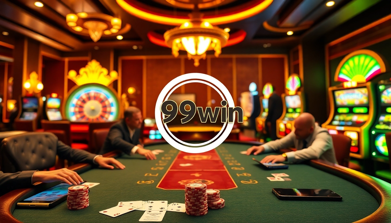 A thrilling gambling scene at 99win's luxurious casino showcasing poker, roulette, and slot machines.