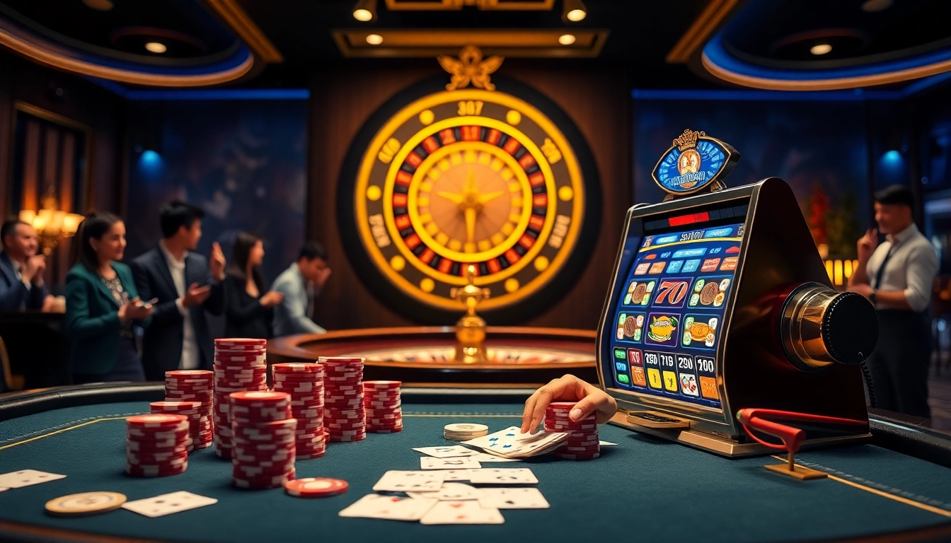 Engaging scene of TRANG CHỦ NOHU90 featuring casino tables, vibrant slot machines, and enthusiastic players.