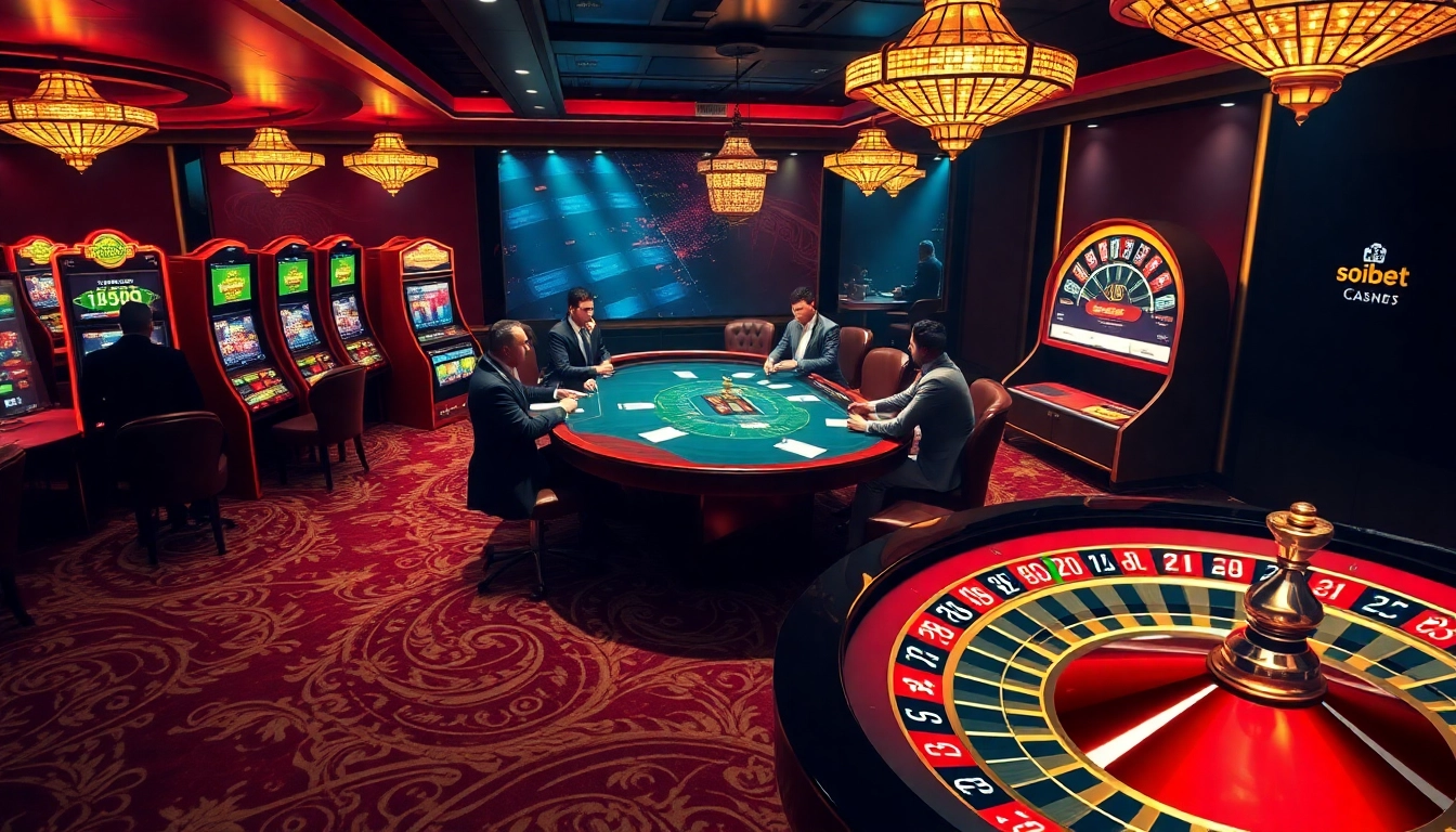 Experience the thrill of เว็บตรง soibet at a luxurious casino with vibrant slot machines and a spinning roulette wheel.