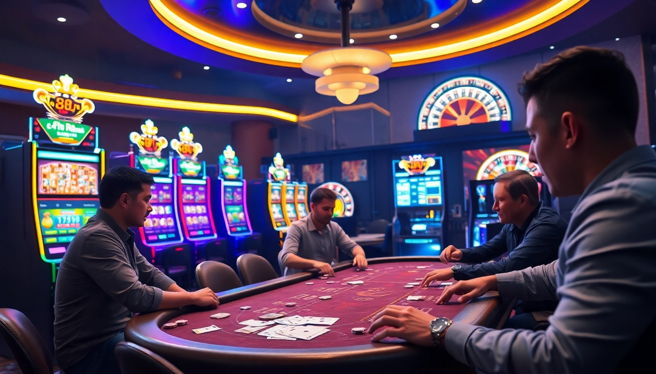 Engaging casino scene at RR88 with poker players and vibrant slot machines.