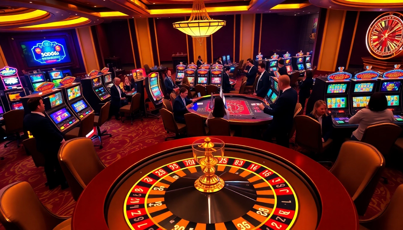 Excited gamblers at SODO66 casino table with vibrant lights and luxury ambiance