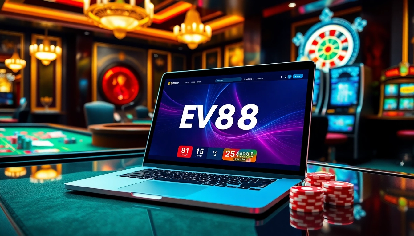 Experience thrilling gambling action at EV88 with vibrant casino visuals, poker chips, and roulette.
