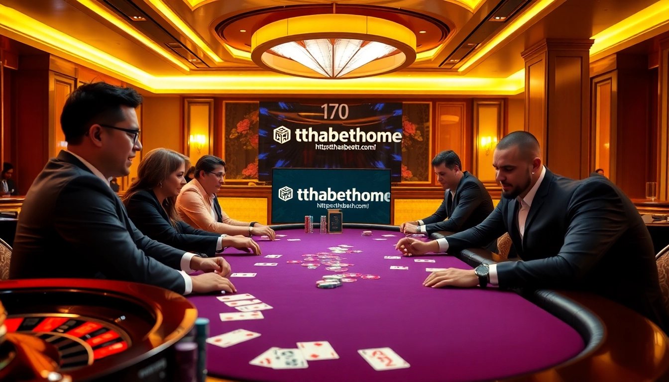 Engaged players at a poker table with the vibe of https://thabethome.com/ showcasing high-stakes excitement.