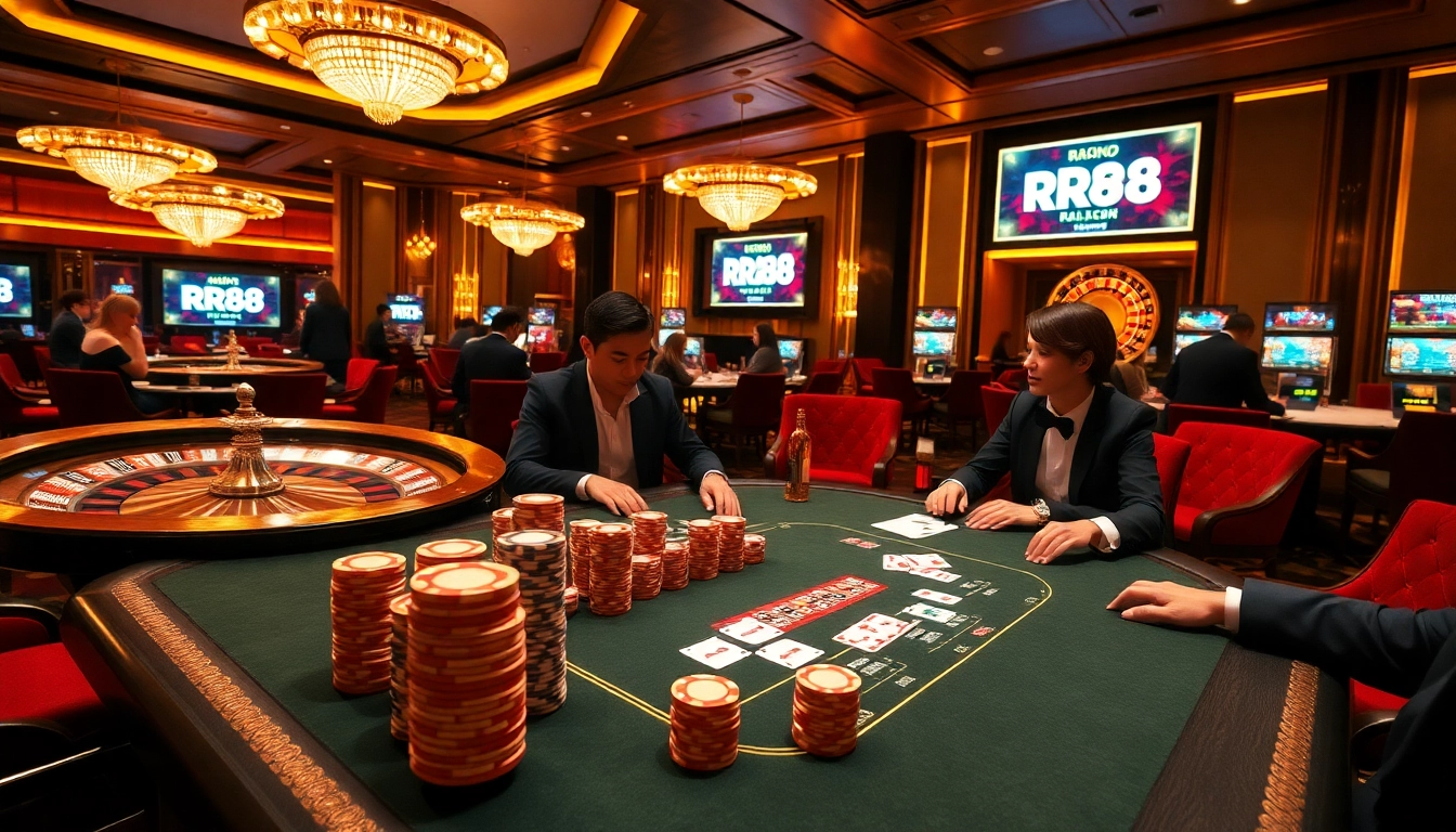 Action-packed gambling scene featuring RR88 with poker players, roulette wheels, and vibrant casino elements.