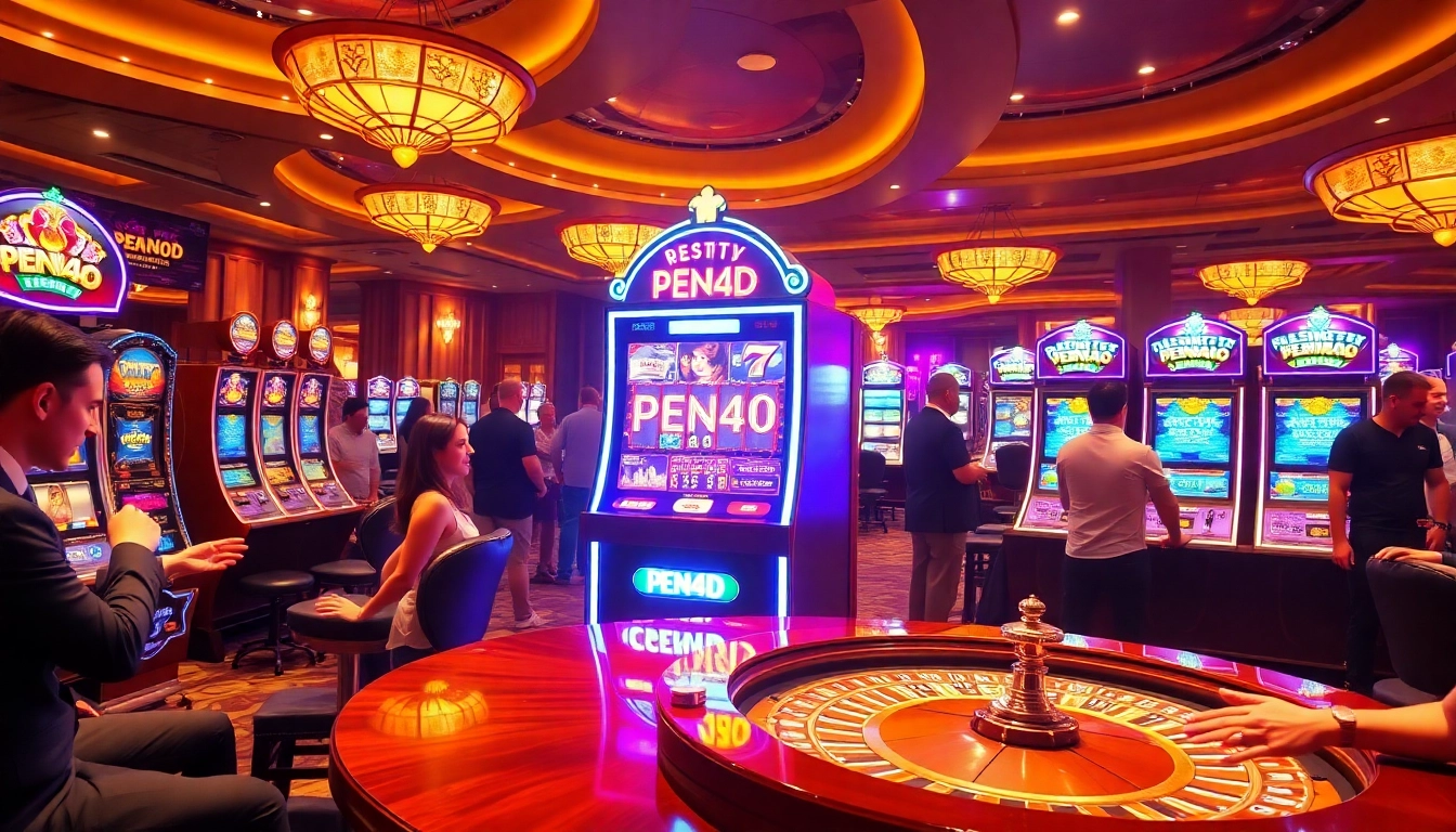 PEN4D slot machine attracting enthusiastic players in a luxurious casino setting.