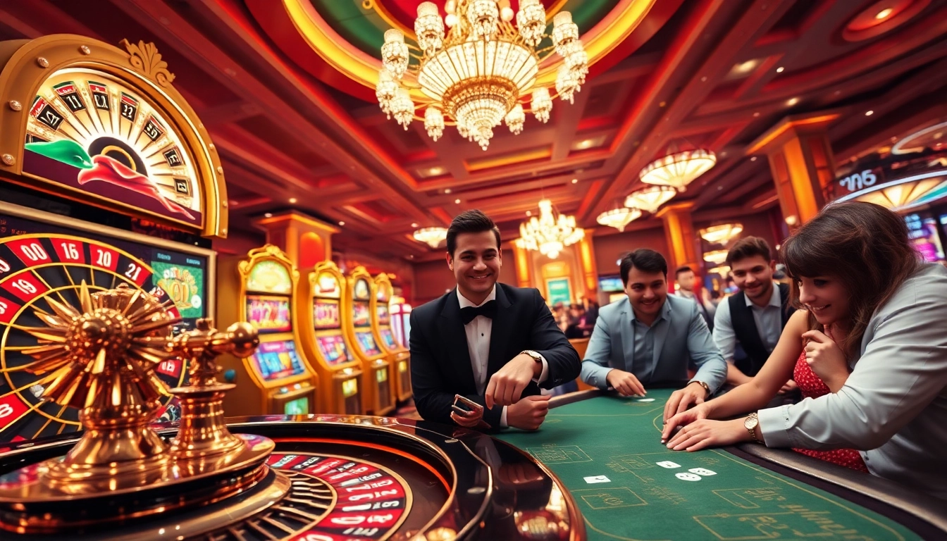 I9bet players enjoying a vibrant casino atmosphere with roulette and slot machines.