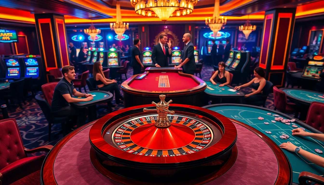 Experience the excitement of Typhu88 with a luxurious casino scene showcasing roulette, card games, and vibrant slot machines.