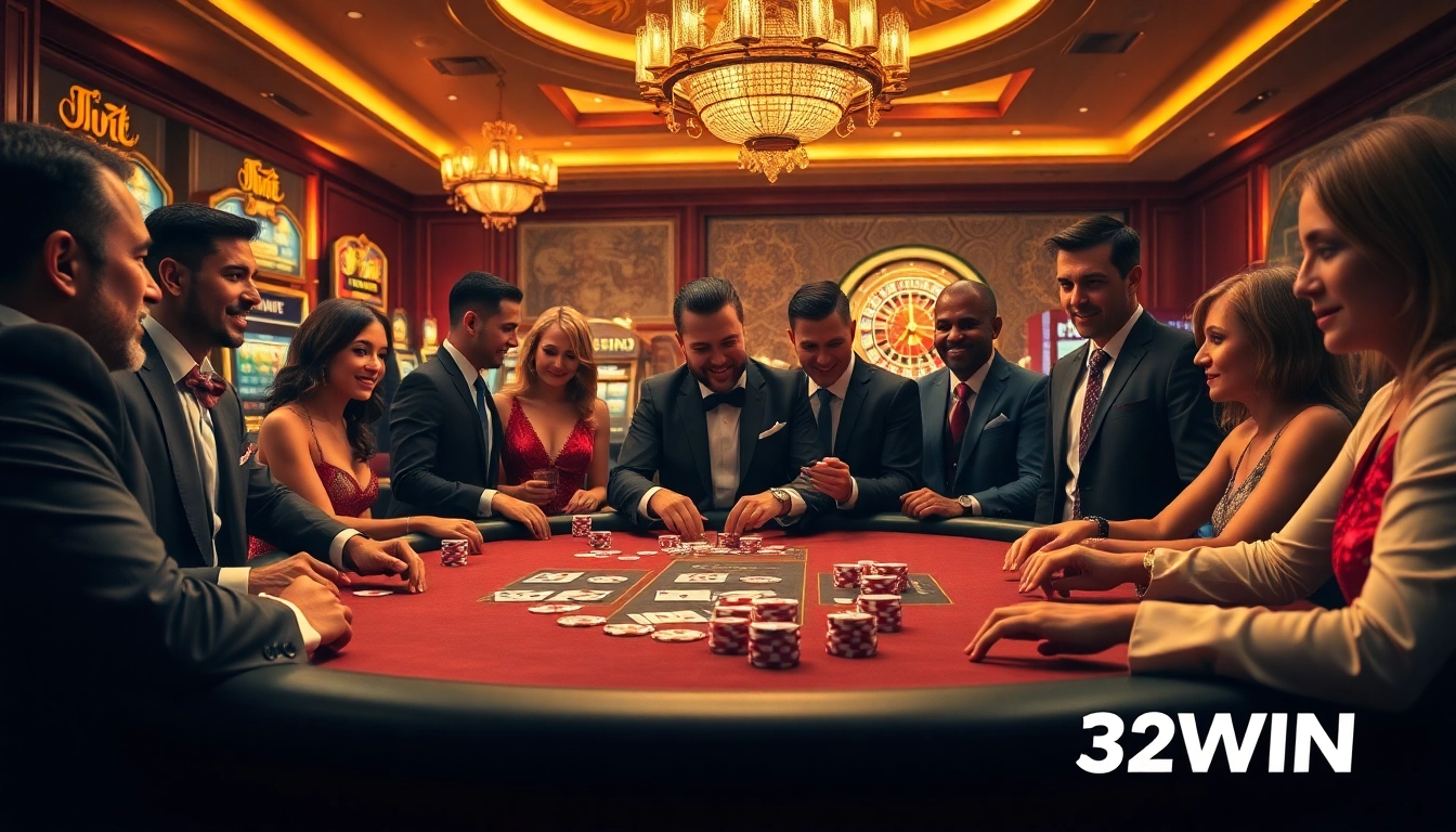 Experience the excitement at 32WIN's luxurious casino tables featuring vibrant poker action.