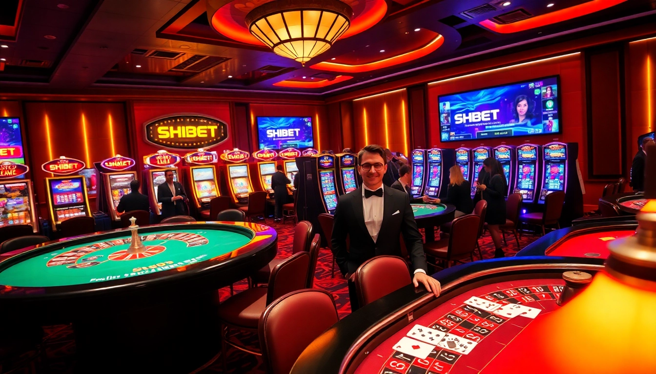 Experience thrilling gameplay at SHBET's luxurious casino setup featuring vibrant gaming tables.