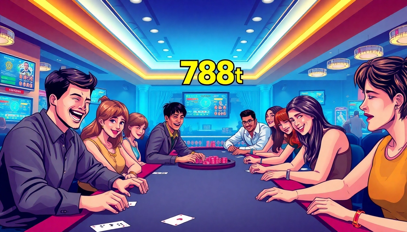 Experience the thrill of 789bet with players enjoying poker and casino games in a modern setting.