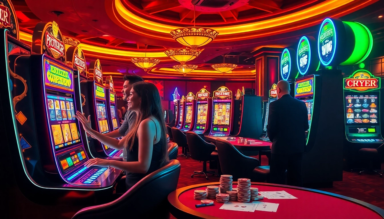 Excited players winning big at Wingslots77's vibrant slot machines in a luxurious casino.