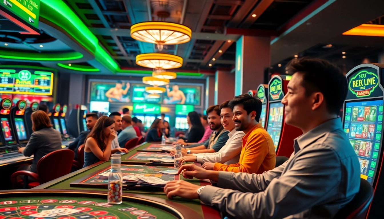 Dynamic betting scene in a modern casino, showcasing nhacaiuytin experiences with diverse players engaged in gaming activities.