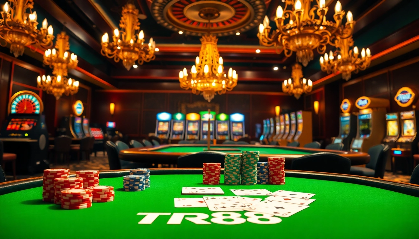 Engaging casino scene emphasizing TR88 poker tables with vibrant chips and cards.
