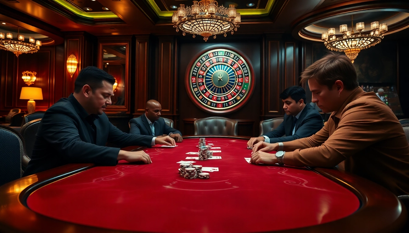 Players engaging in a high-stakes poker game with daga-themed visuals, showcasing intense gambling action.