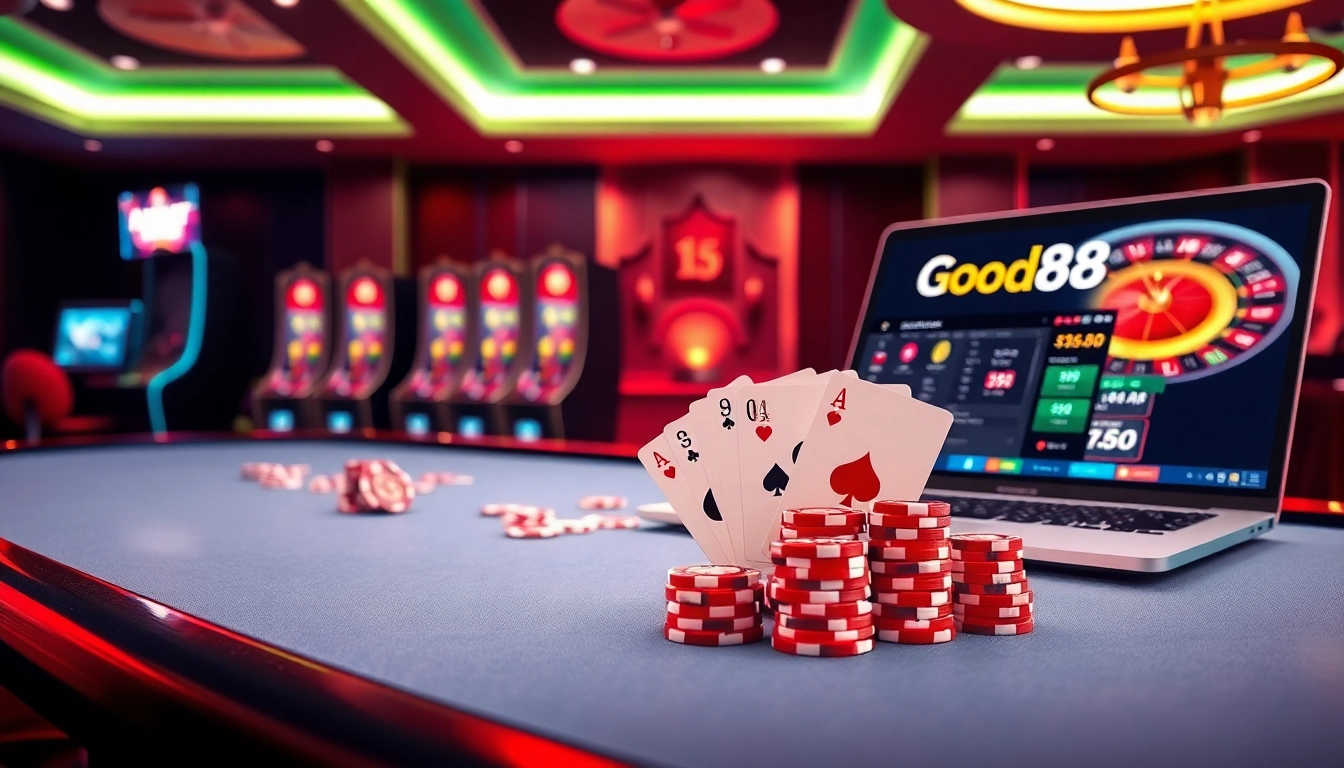 Engaging gaming experience at https://good88k.co/ with vibrant slot machines and poker chips.
