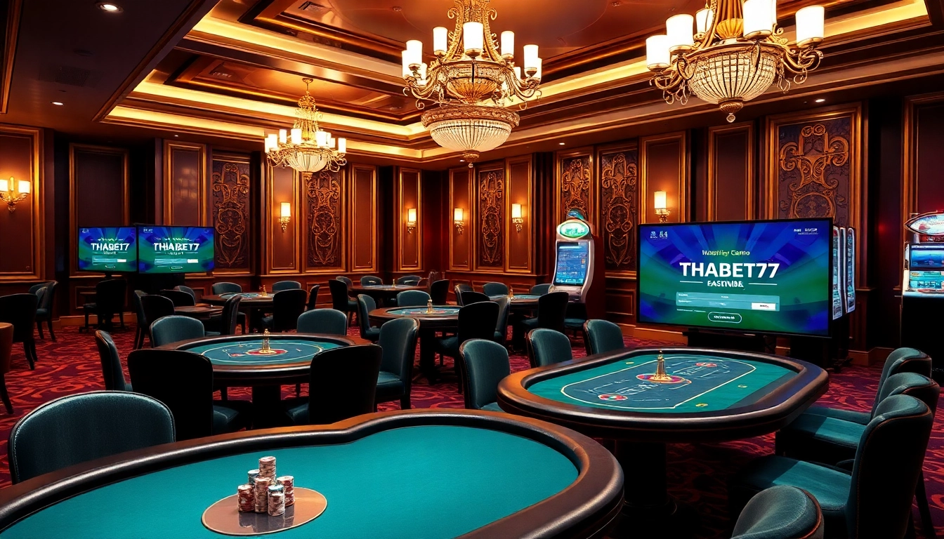 Experience thrilling gaming at https://thabet77.sa.com/ with elegant poker tables and vibrant casino elements.