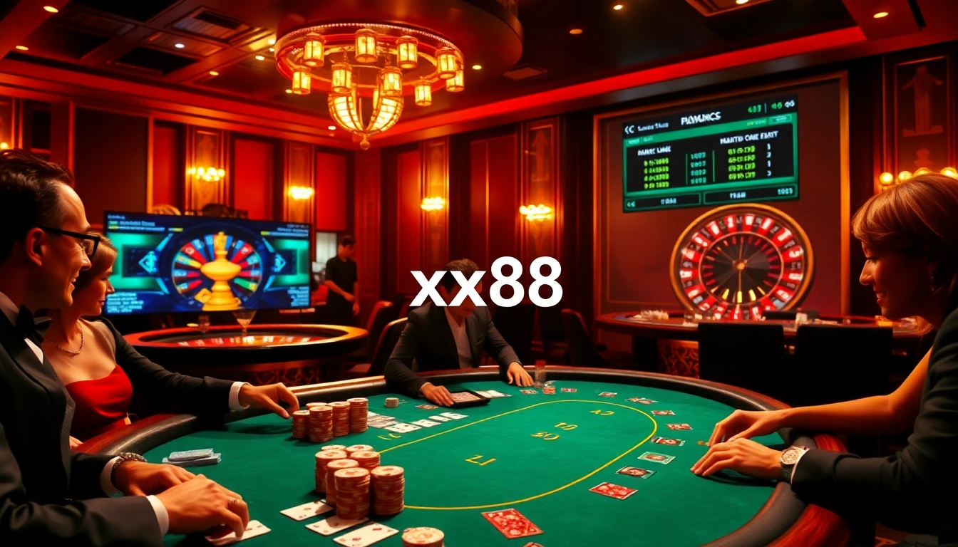 Exciting poker action at a luxury casino featuring xx88 with vibrant chips and cards.