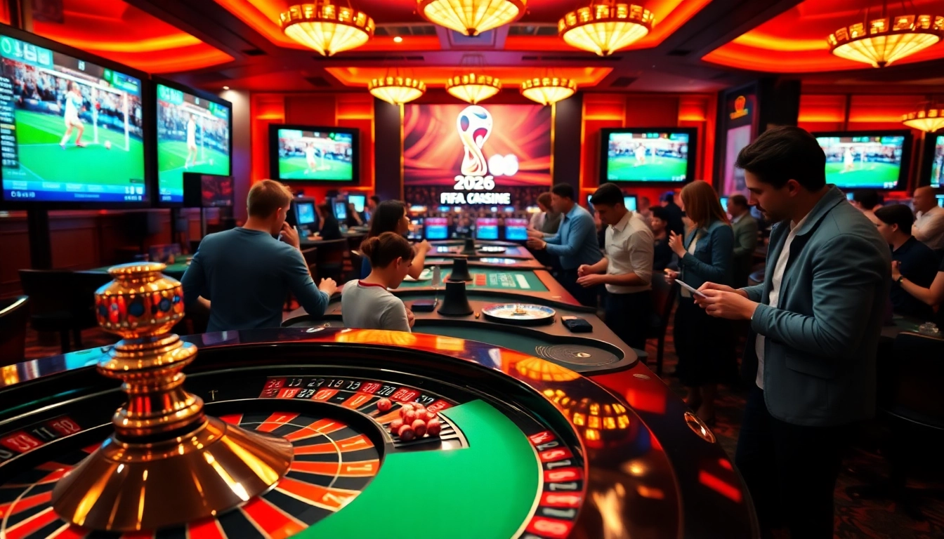 Excited gamblers placing bets on Judi Bola Piala Dunia at a luxurious casino