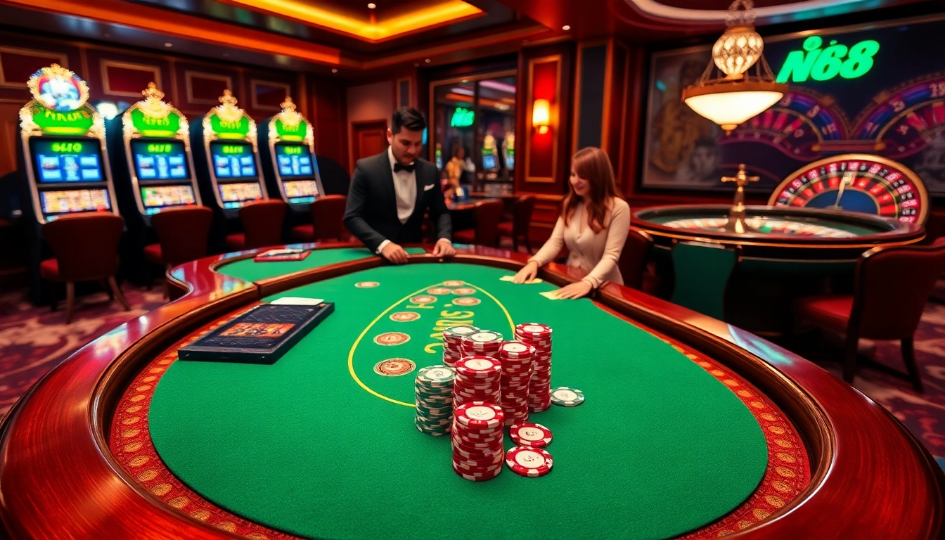 Players enjoying blackjack at an NK88 casino table with chips and a roulette wheel.
