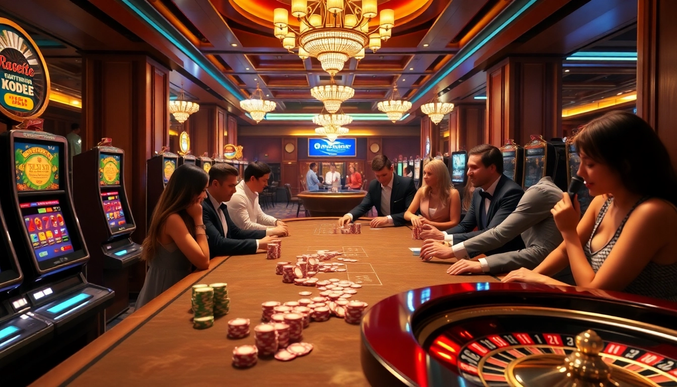 pg88 Casino scene showcasing excitement with colorful tables and slot machines.